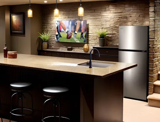 Top Mount vs Bottom Freezer: Durable LG top freezer refrigerator, ideal for a second fridge or bar area.